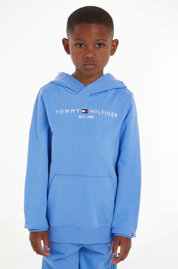 Tommy Hilfiger Otroški bombažen pulover Tommy Hilfiger bež barva, s kapuco