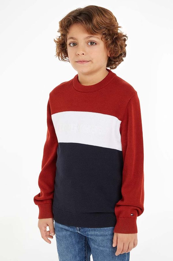 Tommy Hilfiger Otroški bombažen pulover Tommy Hilfiger rdeča barva, KB0KB09150
