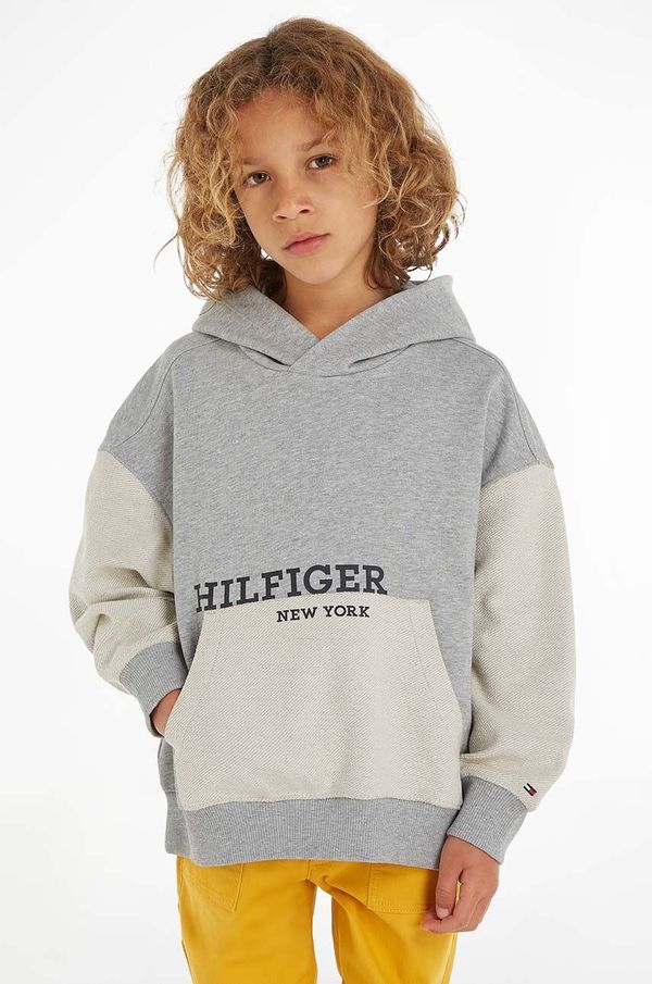 Tommy Hilfiger Otroški bombažen pulover Tommy Hilfiger siva barva, s kapuco