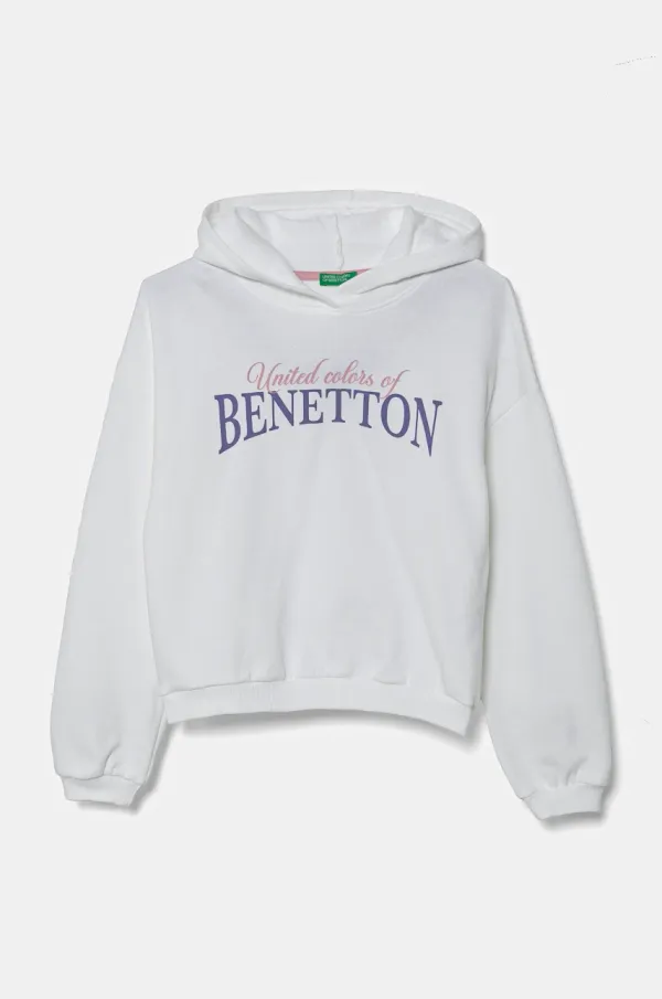 United Colors of Benetton Otroški bombažen pulover United Colors of Benetton bela barva, s kapuco, 3J68C204D