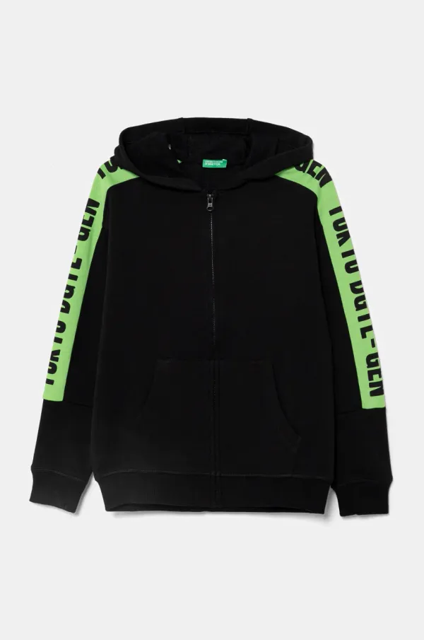 United Colors of Benetton Otroški bombažen pulover United Colors of Benetton črna barva, s kapuco, 3J68C504R