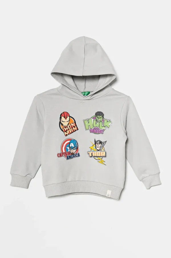 United Colors of Benetton Otroški bombažen pulover United Colors of Benetton siva barva, s kapuco, 3PQMG2012