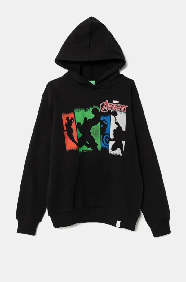 United Colors of Benetton Otroški bombažen pulover United Colors of Benetton x Marvel črna barva, s kapuco, 3PQMC204F