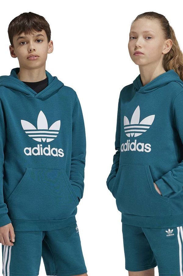 adidas Originals Otroški pulover adidas Originals TREFOIL HOODIE zelena barva, s kapuco, IY7440