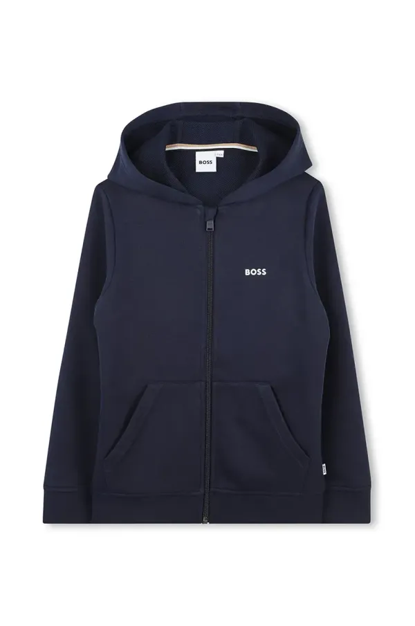 BOSS Otroški pulover BOSS mornarsko modra barva, s kapuco, J51958
