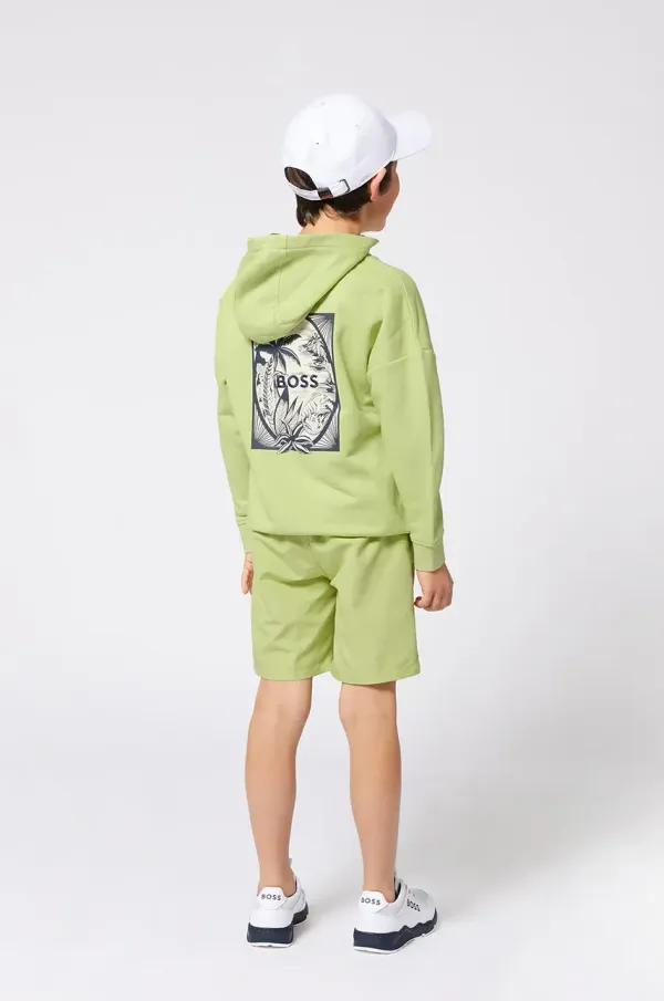 BOSS Otroški pulover BOSS zelena barva, s kapuco, J52235