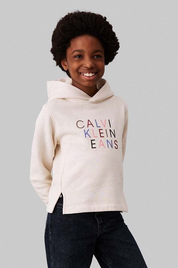 Calvin Klein Jeans Otroški pulover Calvin Klein Jeans bež barva, s kapuco, IG0IG02637