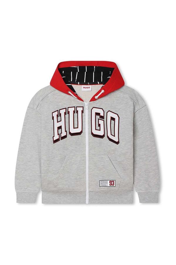 Hugo Otroški pulover HUGO siva barva, s kapuco