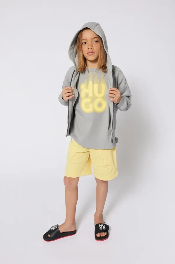 HUGO Otroški pulover HUGO siva barva, s kapuco, G00360