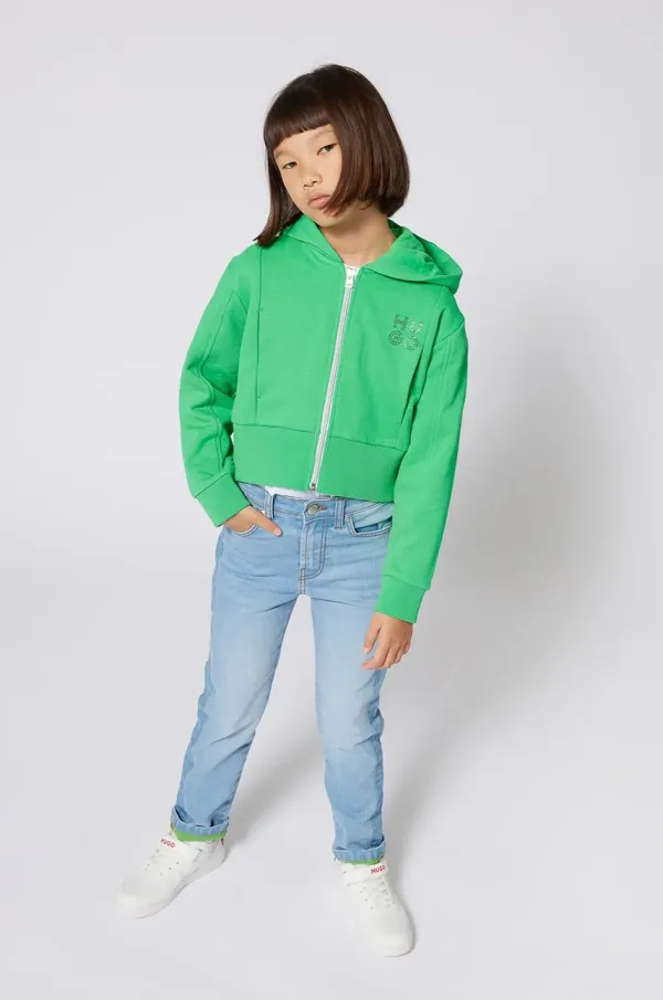 HUGO Otroški pulover HUGO zelena barva, s kapuco, G00402