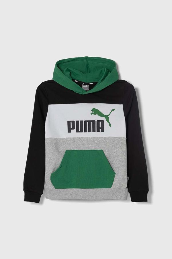 Puma Otroški pulover Puma ESS BLOCK TR B zelena barva, s kapuco