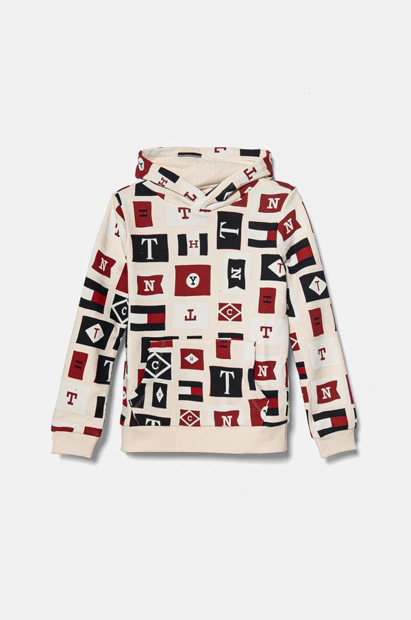 Tommy Hilfiger Otroški pulover Tommy Hilfiger bež barva, s kapuco, KB0KB09168