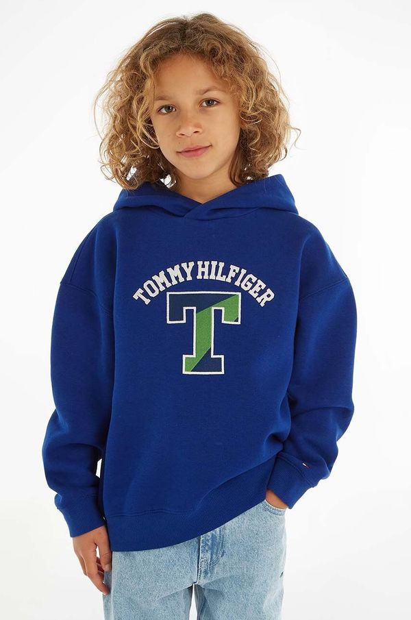 Tommy Hilfiger Otroški pulover Tommy Hilfiger mornarsko modra barva, s kapuco
