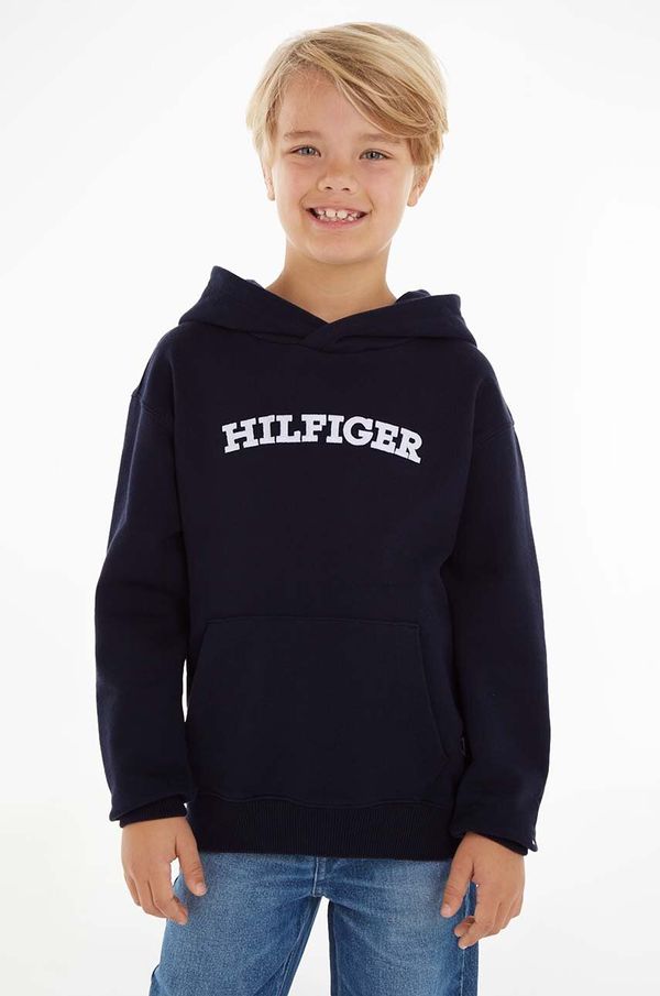 Tommy Hilfiger Otroški pulover Tommy Hilfiger mornarsko modra barva, s kapuco