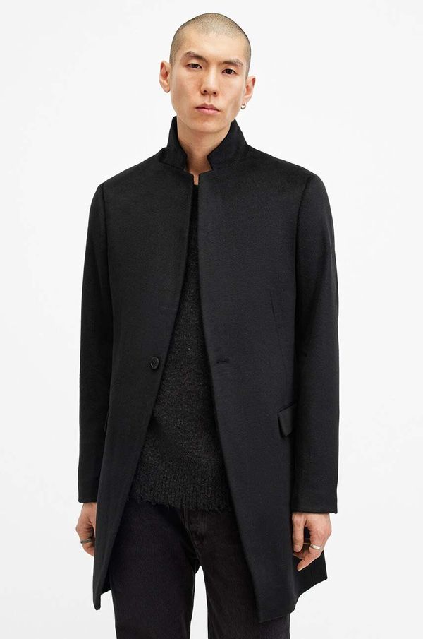 AllSaints Plašč s primesjo volne AllSaints HARGROVE COAT črna barva, M038OB