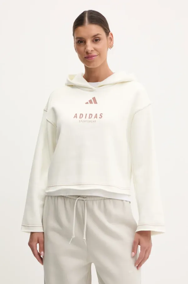 adidas Pulover adidas ALL SZN Graphic ženska, bež barva, s kapuco, JJ4517