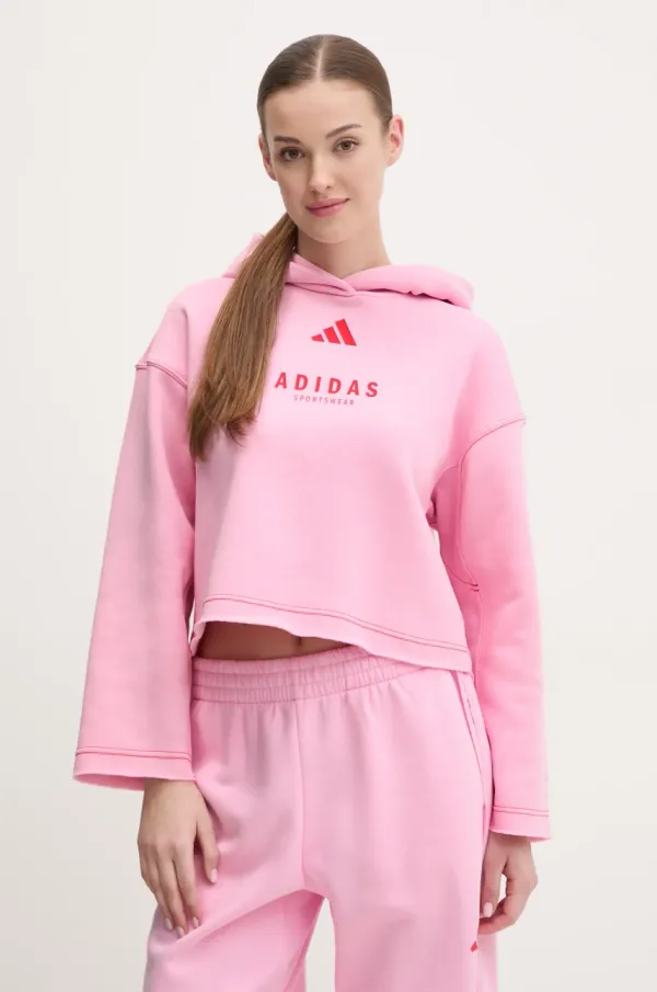 adidas Pulover adidas ALL SZN Graphic ženski, roza barva, s kapuco, JJ4519