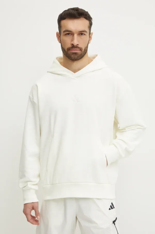 adidas Pulover adidas ALL SZN Luxe moški, bež barva, s kapuco, JJ3641