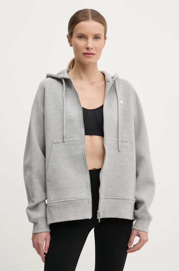 adidas by Stella McCartney Pulover adidas by Stella McCartney ženski, siva barva, s kapuco, JI5159