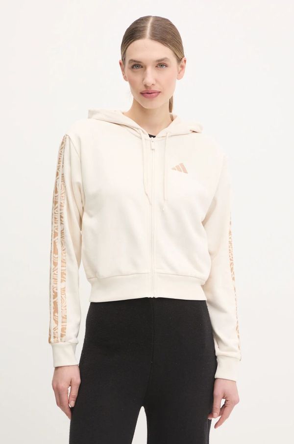 adidas Pulover adidas Essentials Animal ženski, bež barva, s kapuco, JM1665