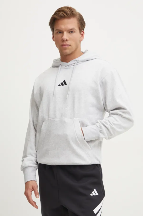 adidas Pulover adidas Feelcozy moška, siva barva, s kapuco, JE3803