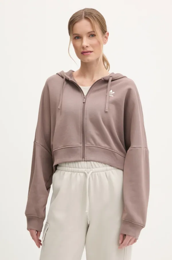 adidas Originals Pulover adidas Originals Essential ženski, rjava barva, s kapuco, JN7846