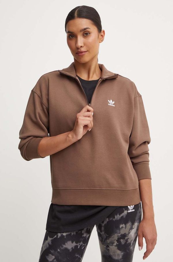 adidas Originals Pulover adidas Originals Essentials Halfzip Sweatshirt ženski, rjava barva, IR5938