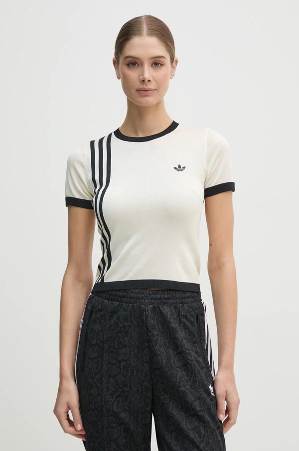 adidas Originals Pulover adidas Originals KNITTED 3S TEE ženski, bež barva, JJ0961