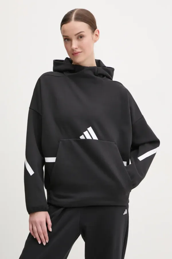 adidas Pulover adidas Z.N.E. ženski, črna barva, s kapuco, JJ4760