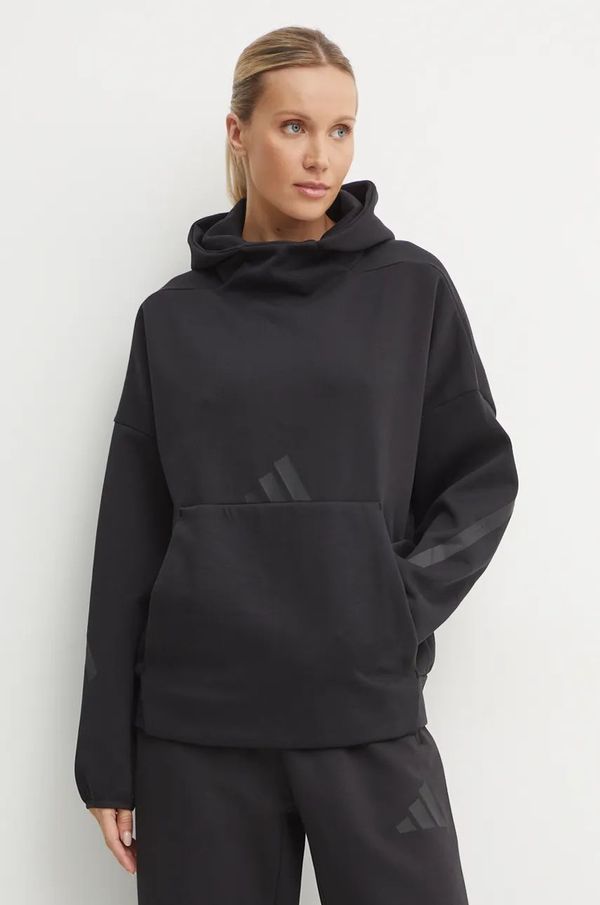 adidas Pulover adidas ZNE ženski, črna barva, s kapuco, JE7860