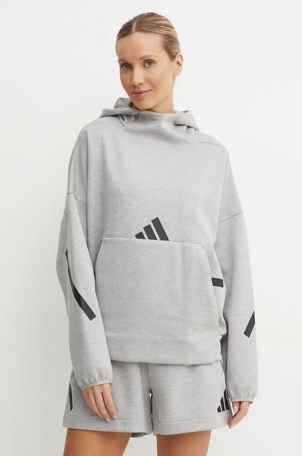 adidas Pulover adidas ZNE ženski, siva barva, s kapuco, JD9592