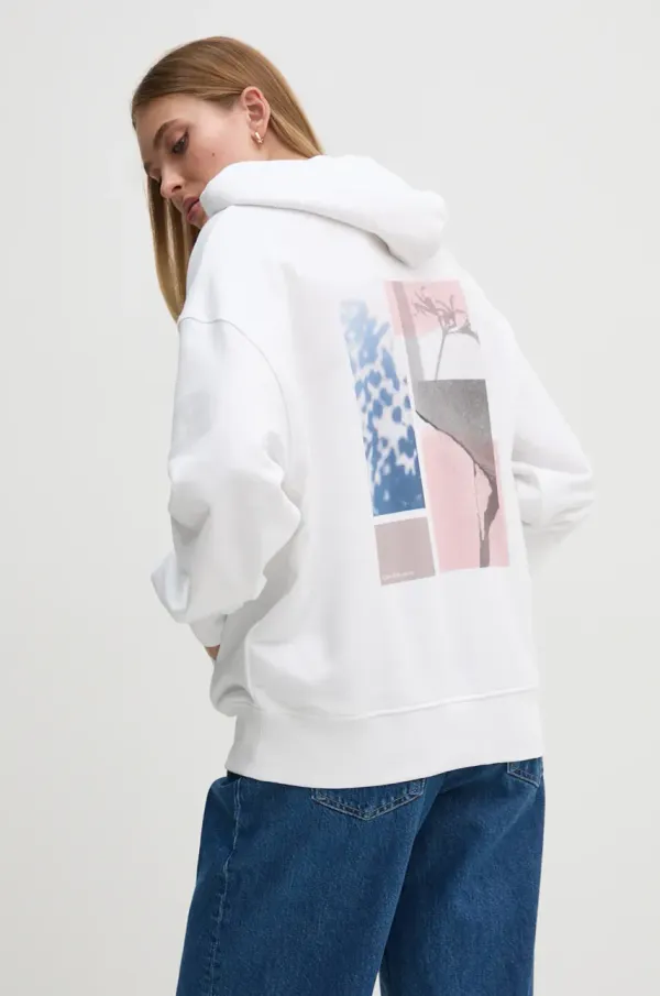 Calvin Klein Jeans Pulover Calvin Klein Jeans ženski, bela barva, s kapuco, J20J224178