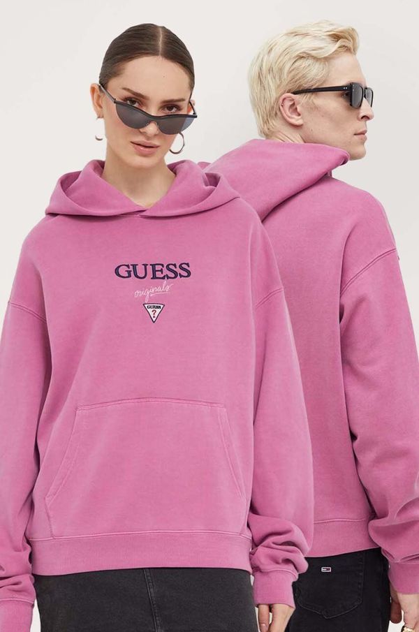 Guess Originals Pulover Guess Originals vijolična barva, s kapuco