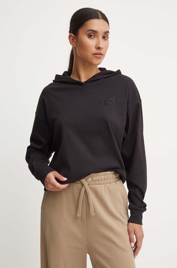 Puma Pulover Puma ženski, črna barva, s kapuco, 682503