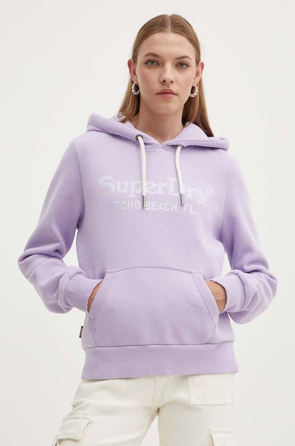 Superdry Pulover Superdry ženska, vijolična barva, s kapuco