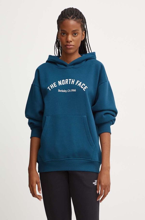 The North Face Pulover The North Face Hoodie Varsity Graphic ženski, turkizna barva, s kapuco, NF0A89CS1NO1
