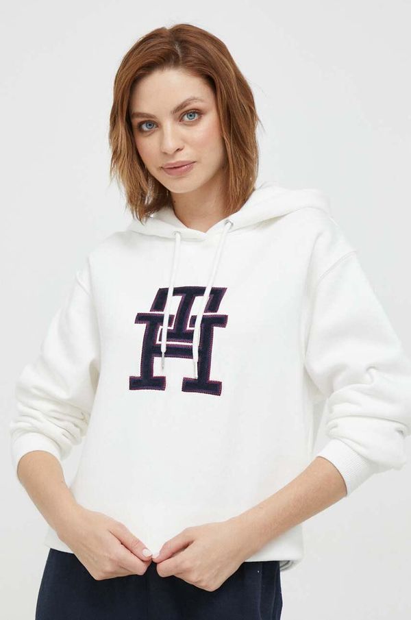 Tommy Hilfiger Pulover Tommy Hilfiger ženska, bela barva, s kapuco