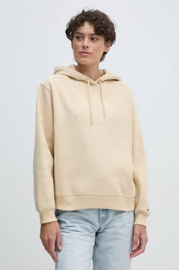 Tommy Hilfiger Pulover Tommy Hilfiger ženski, bež barva, s kapuco, WW0WW42888