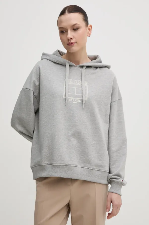 Tommy Hilfiger Pulover Tommy Hilfiger ženski, siva barva, s kapuco, WW0WW45523