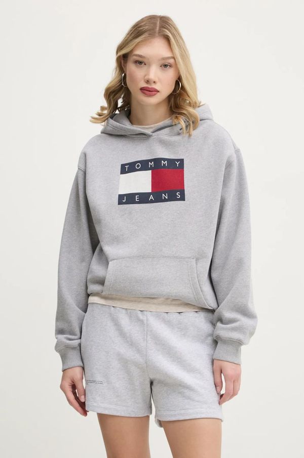 Tommy Jeans Pulover Tommy Jeans ženski, siva barva, s kapuco, DW0DW19407