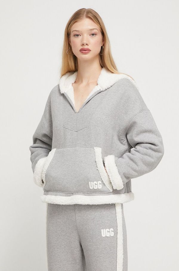 Ugg Pulover UGG ženska, siva barva, s kapuco