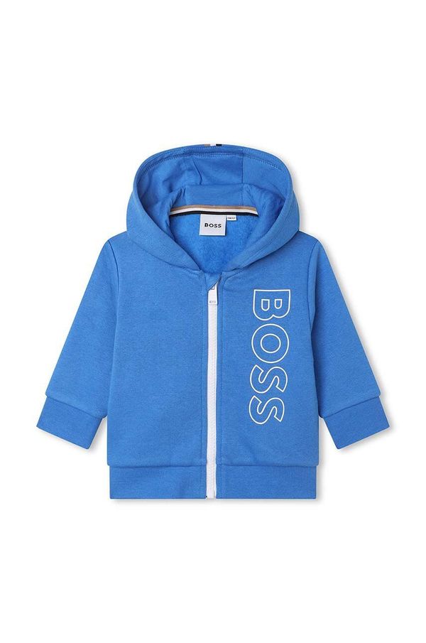 Boss Pulover za dojenčka BOSS mornarsko modra barva, s kapuco