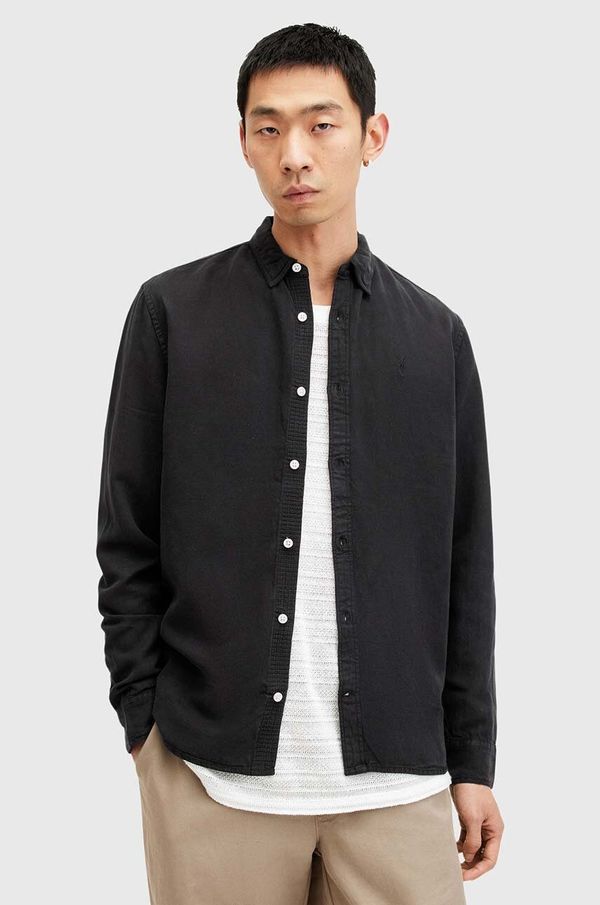 AllSaints Srajca s primesjo lanu AllSaints LAGUNA LS SHIRT črna barva, M160SB