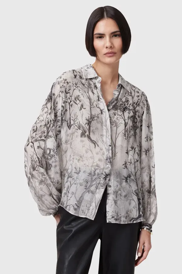 AllSaints Srajca s primesjo svile AllSaints EDDIE ženska, siva barva, W044PC