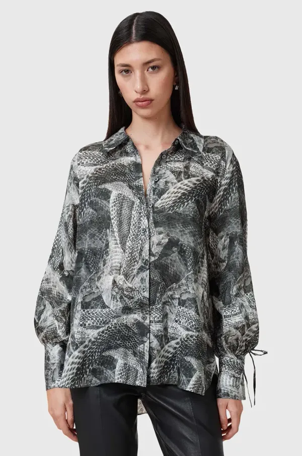 AllSaints Srajca s primesjo svile AllSaints LEYLA ženska, siva barva, W042PC