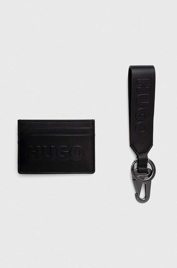 Hugo Usnjen etui za kartice in obesek za ključe HUGO črna barva
