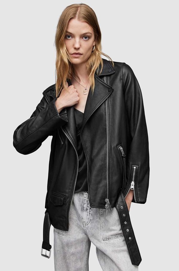 AllSaints Usnjena biker jakna AllSaints ženska, črna barva,