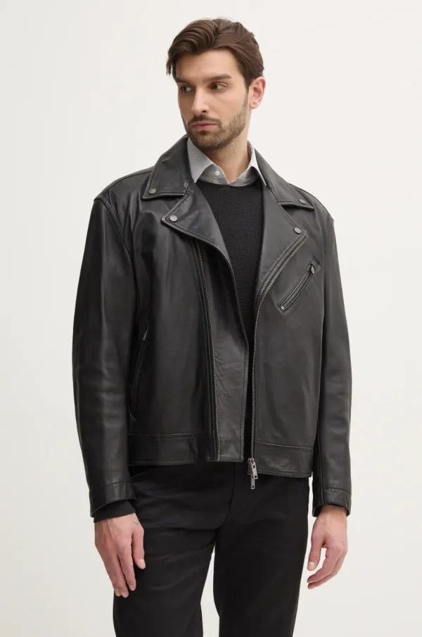 Boss Orange Usnjena biker jakna Boss Orange moška, črna barva, 50530258