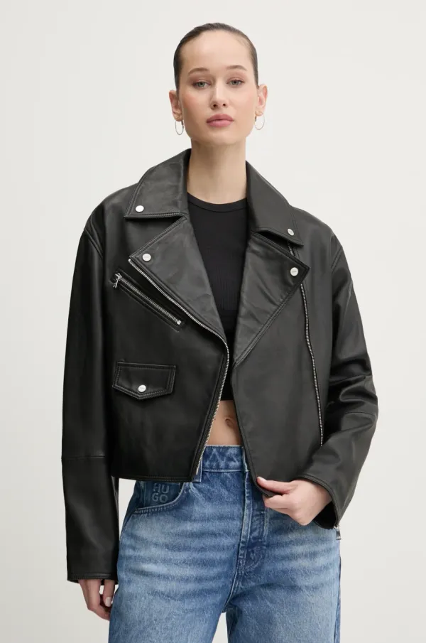HUGO Usnjena biker jakna HUGO ženska, črna barva, 50533803