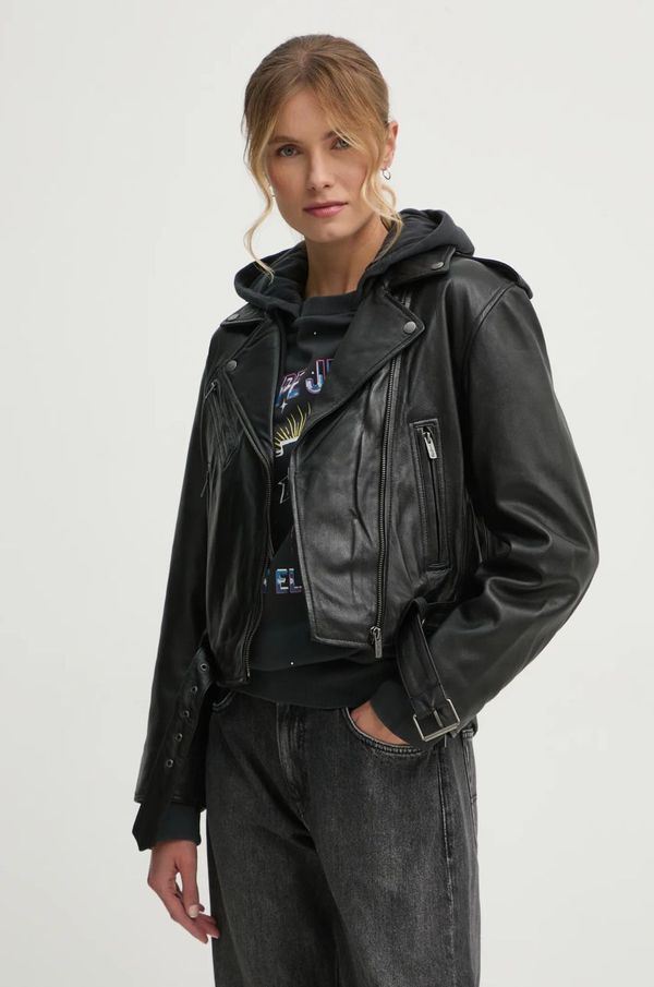 Pepe Jeans Usnjena biker jakna Pepe Jeans FRANKA ženska, črna barva, PL402494